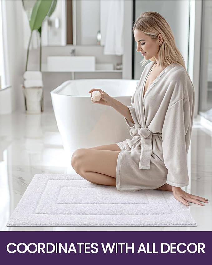 DEXI Bathroom Rug 36x24, Non Slip Washable Bath Mat for Shower Floor, Absorbent Soft Bathmat with Rubber Backing, Quick Dry Microfiber Carpet, White