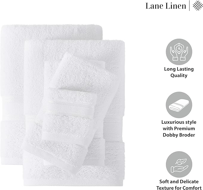 LANE LINEN 100% Mercerized Cotton Bath Towels Set of 12 – Zero Twist, 4 Bath, 4 Hand Towel & 4 Washcloths, Soft, Ideal for Spa Hotel & Home, Durable After Multiple Washes – White Towels