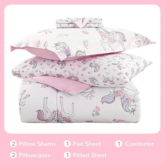 Viviland Kids Full Bedding Sets for Girls, Soft Full Comforter Set with Sheets, 7 Pieces Microfiber Bed in a Bag, White Unicorn