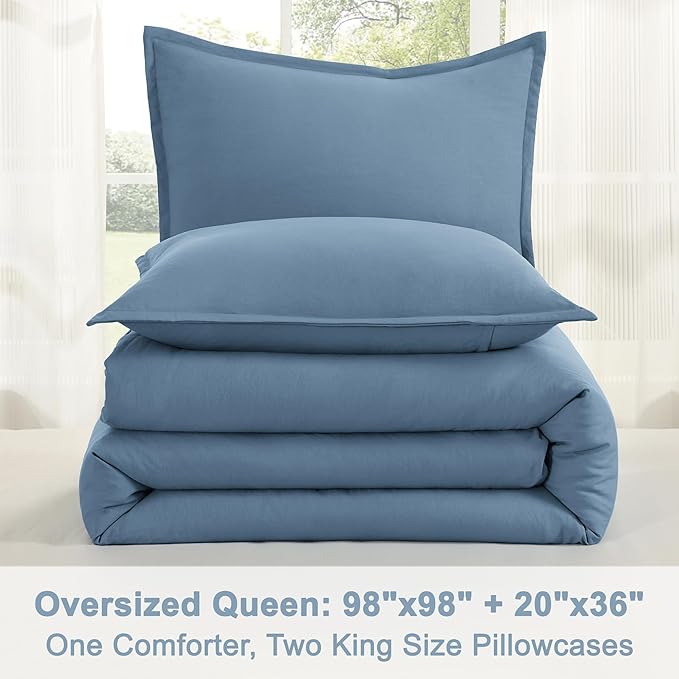 Litanika Comforter Set, Lightweight Solid Bedding Comforter Set, Fluffy Down Alternative Bed Set, Dark Grayish Blue, Oversized Queen