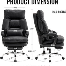 Office Chair with Footrest 500lbs,Reclining Leather Computer Chair for Heavy People, Big and Tall Comfy Executive Desk Chair with Lumbar Support & Pillow .High Back Black