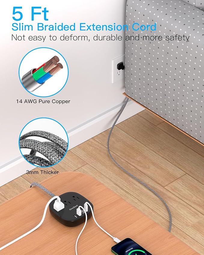 Flat Plug Power Strip, 5ft Flat Extension Cord - 3 Outlets 4 USB Ports (2 USB C) 22.5W/4.5A Desktop Charging Station, Power Strip No Surge Protection for Cruise Ship, Dorm Room Travel Essentials - BK