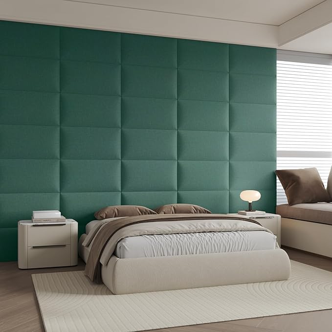 12-Piece Green Linen Upholstered Headboard King Size, Wall Mounted Panel Set, Lush Fabric Headboard & Wall Decor for Bedroom
