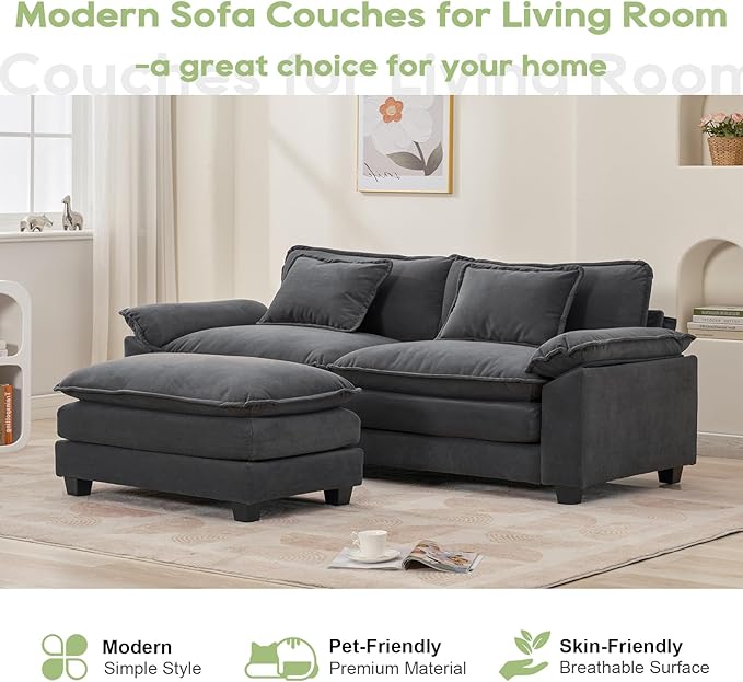 86" Modular Sectional Sofa, Comfy Cloud Couch Sectional Sofa with Ottoman, Velvet Sofa Sleeper Deep Seat Sofa with Throw Pillows for Living Room (Blue Gray, 86"- L Shape)