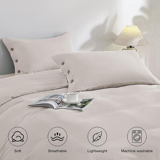 JELLYMONI Pillowcases Standard Set of 2 Cotton Button Pillow Covers 20×26in Beige Bed Pillow Cases 100% Washed Cotton Soft Breathable (Pillows are not Included)