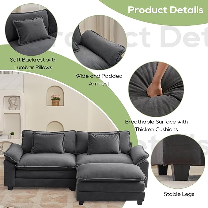 86" Modular Sectional Sofa, Comfy Cloud Couch Sectional Sofa with Ottoman, Velvet Sofa Sleeper Deep Seat Sofa with Throw Pillows for Living Room (Blue Gray, 86"- L Shape)