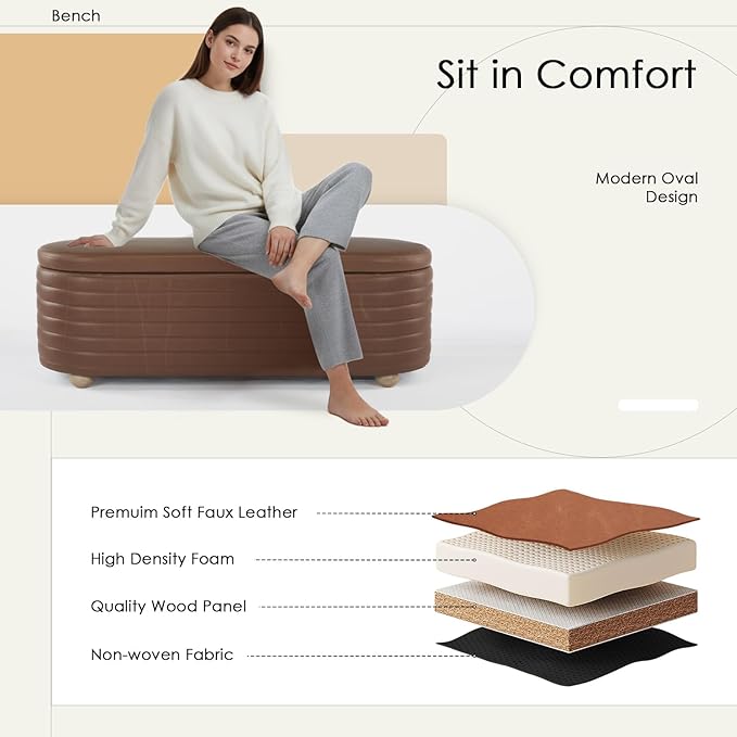 53" Storage Bench PU Leather Ottoman Bench Upholstered Bench End of Bed Stool with Safety Hinge for Bedroom, Living Room, Entryway, Brown