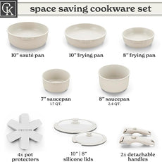 Country Kitchen Cookware Set with Removable Handle, Oven & RV Safe Pots and Pans Set, Cream, Original