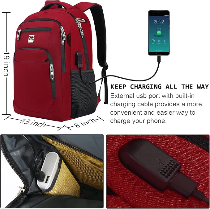 Laptop Backpack,Business Travel Anti Theft Slim Durable Laptops Backpack with USB Charging Port,Water Resistant College Computer Bag for Women & Men Fits 15.6 Inch Laptop and Notebook-Red