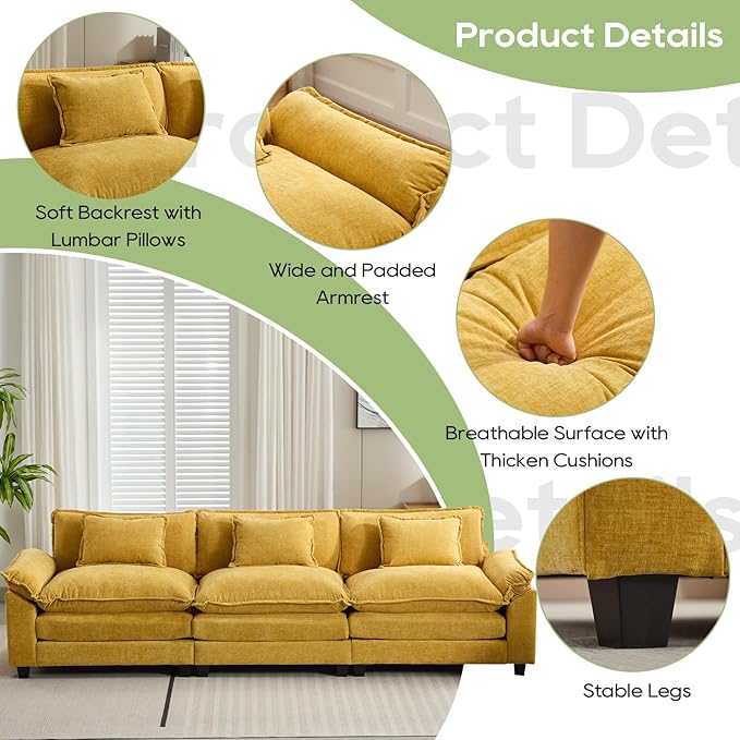 120" Modular Sectional Sofa, Comfy Cloud Couch Sectional Sofa, Chenille Sofa Sleeper Deep Seat Sofa with Throw Pillows for Living Room (Yellow, 120"- 3 Seater)