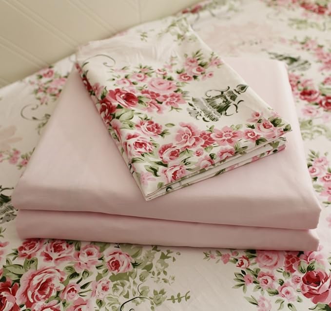 FADFAY Rose Floral 4 Piece Bed Sheet Set 100% Cotton Deep Pocket-Cal King