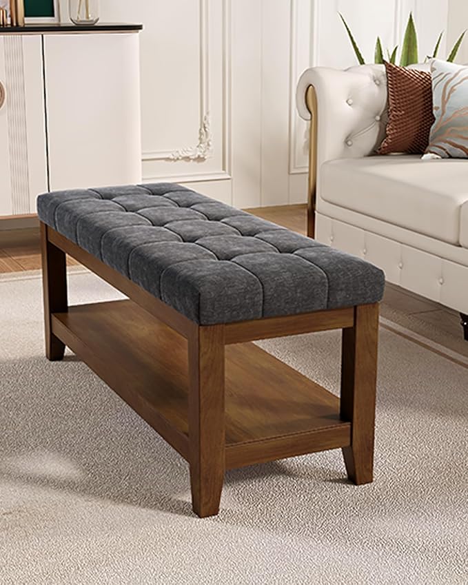 Solid Rubber Wood Shoe Bench, Soft Chenille Material Upholstered Seat, 770LB Load Capacity, Multi-Storage for Entryway/Bedroom/Living Room, Vintage Style, 43.3"x15.7"x17.7", Dark Gray,UASND65G