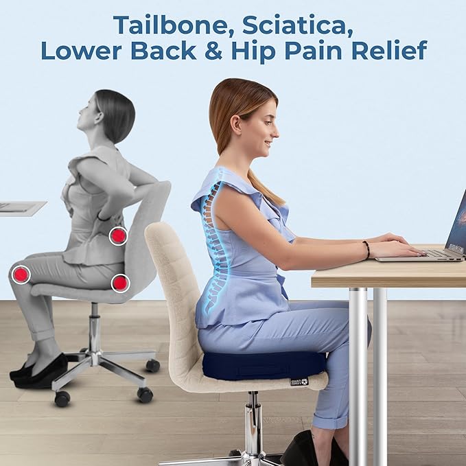 5 STARS UNITED Seat Cushion for Tailbone Pain Relief – Large Memory Foam Cushion for Coccyx, Hip, Sciatica & Post-Surgery Recovery – Wheelchair, Car, Desk, Gaming & Office Chairs, Blue