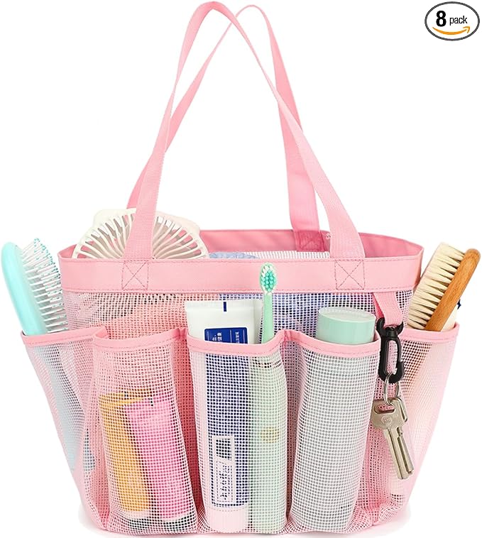 Mesh Shower Caddy Portable for College Dorm Room Essentials, 8-Pocket Large Shower Basket Tote Bag with 2 Handles for Toiletry, Bathroom, Beach, Camp, Gym