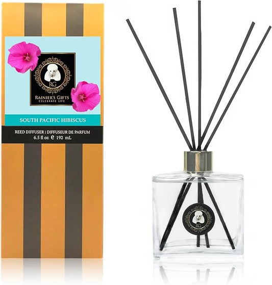 Rainier’s Gifts Reed Diffuser Set (South Pacific Hibiscus) - Scented Oil Diffuser Sticks - Home Fragrance Aromatherapy Air Freshener 6.5 fl oz
