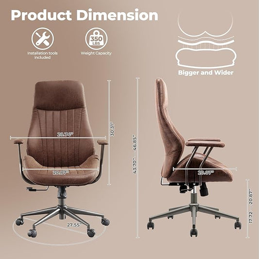 ovios Ergonomic Office Chair, High Back Faux Leather Executive Chairs with Armrests, Comfy High-Century Modern Swivel Rolling Computer Armchair (Dark Brown, Suede Leather)