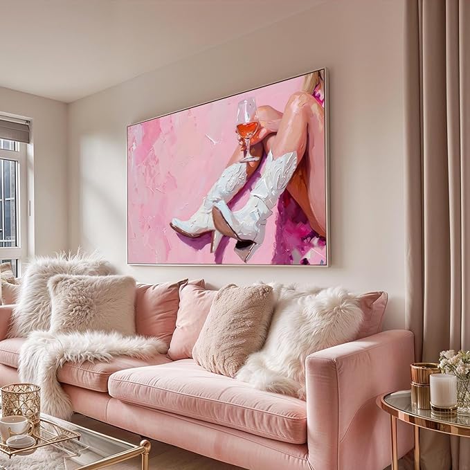 Cowgirl Boots Wall Art Coastal Cowgirl Room Decor Aesthetic Cowboy Boots with Wine Glass Poster Modern Pink Wall Decor Art Print Poster Pink Cowgirl Wall Art for Western Aesthetic UNFRAMED 16 X 24 in