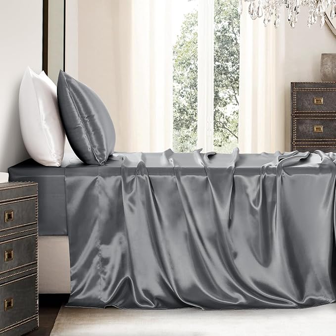 Satin Sheets Twin Size - 3 Pieces Luxury Silky Soft Bed Sheets for Kids, Wrinkle-Free Dark Grey Satin Silk Sheet Set with 1 Deep Pocket Fitted Sheet, 1 Flat Sheet, 1 Pillow case