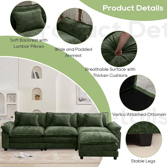 120" Modular Sectional Sofa, Comfy Cloud Couch Sectional Sofa with Ottoman, Chenille Sofa Sleeper Deep Seat Sofa with Throw Pillows for Living Room (Green, 120"- L Shape)