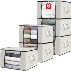 Fab totes 6 Pack Clothes Storage, Foldable Thick Fabric Blanket Storage Bags, Containers for Organizing Bedroom, Closet, Clothing, Comforter, Organization with Handle,Ivory White