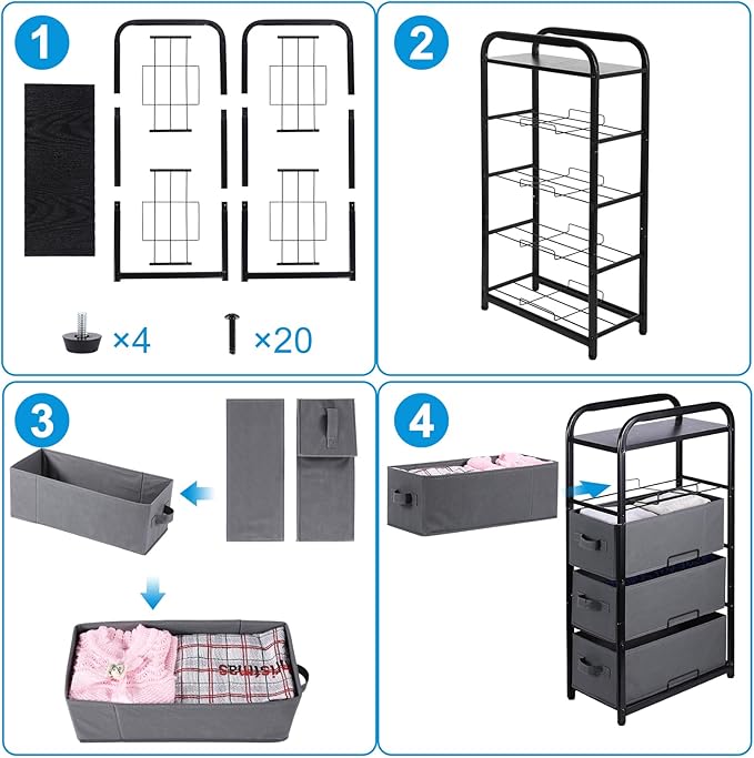 MAX Houser 4 Drawer Narrow Dresser Fabric Storage Tower Vertical Slim Storage Chest Organizer Nightstand Side/End Table Small Standing Organizer Removable Drawers Wood Top for Bedroom, Bathroom（Grey