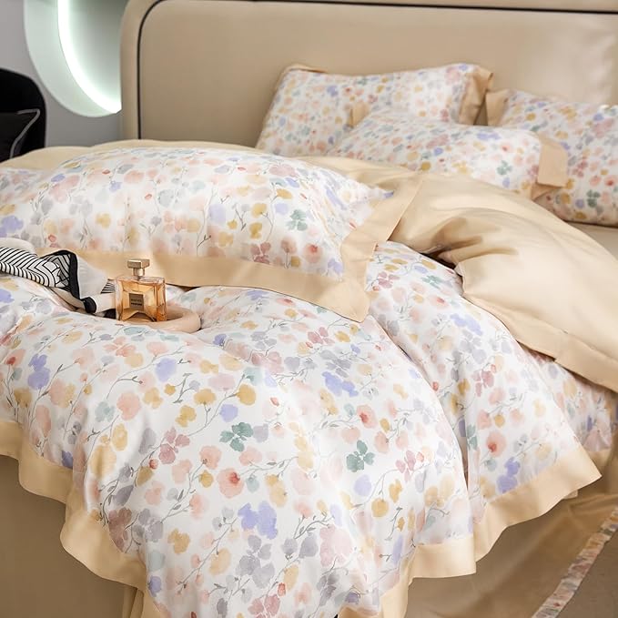 mixinni Shabby Chic Breathable Lyocell Duvet Cover Set Soft Aesthetic Colorful Painting Flowers Cooling Bedding for Hot Sleepers with 2 Pillow Shams, Zipper Closure and 4 Ties, Twin XL Size
