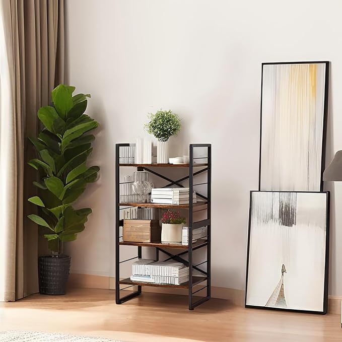 4-Tier Small Bookshelf, Compact Metal & Wood Bookcase for Small Spaces, Open Storage Shelves with Adjustable Feet, Easy Assembly, 11.2" D x 16.4" W x 31.9" H (Black)