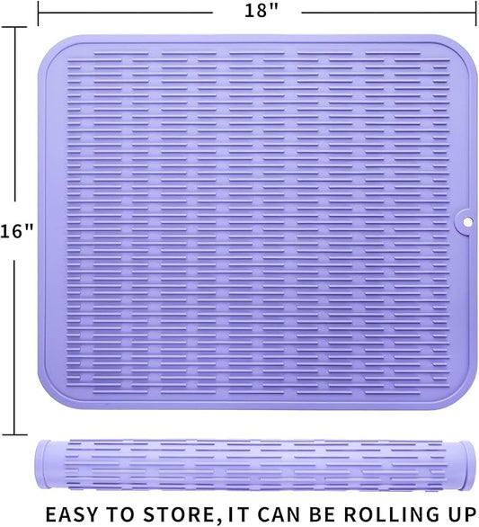 Silicone Dish Drying Mat for Multiple Usage,Easy clean,Eco-friendly,Heat-resistant Silicone Mat for Kitchen Counter or Sink,Refrigerator or Drawer Liner Light Purple XL 18 inches x 16 inches