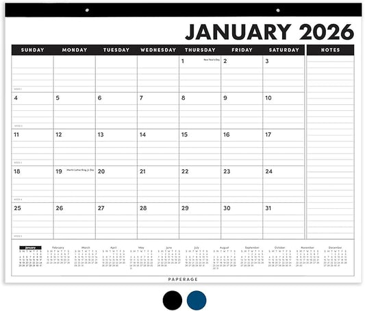 PAPERAGE 2026 Calendar, 12 Months (January 2026 - December 2026), Large (17 in x 22 in), Minimalist Wall and Desk Calendar with Monthly Views, Yearly Plans & Notes Section – Black