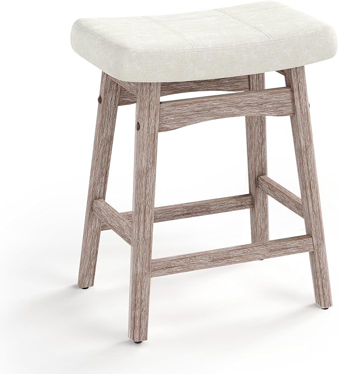 MAISON ARTS Counter Height Bar Stool for Kitchen Counter Solid Wood Legs with Fabric Saddle Seat Farmhouse Barstool for 34"-38" Counter Island Upholstered Stool, 24in, Creamy White Cushion,1pc