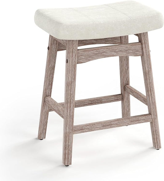 MAISON ARTS Counter Height Bar Stool for Kitchen Counter Solid Wood Legs with Fabric Saddle Seat Farmhouse Barstool for 34"-38" Counter Island Upholstered Stool, 24in, Creamy White Cushion,1pc