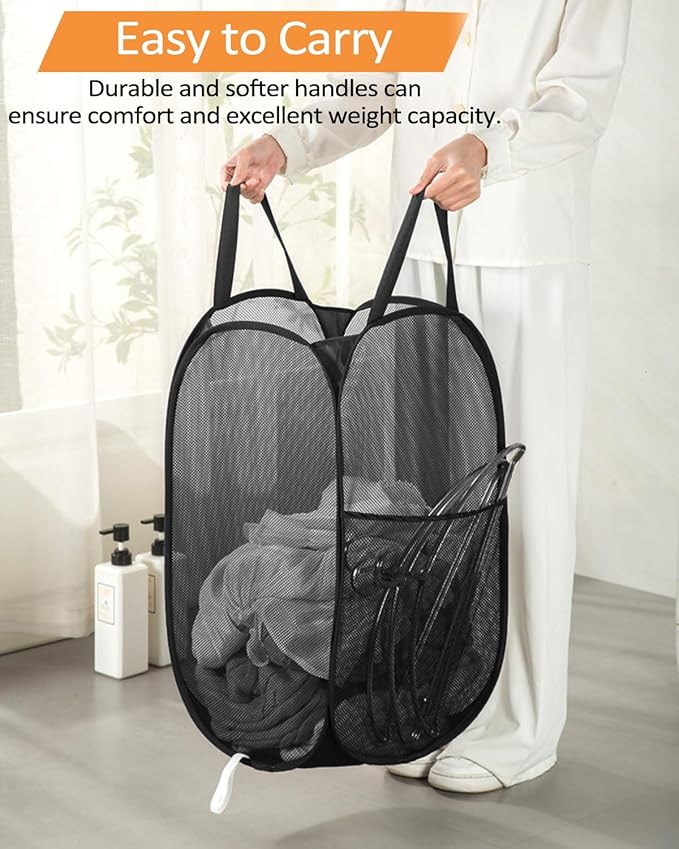 Durable Collapsible Laundry Baskets, Upgrade Foldable Pop Up Hamper for Laundry, Mesh Clothes Hamper with Side Pocket, Reinforced Carry Handles for Laundry, Bathroom, Kids Room, Dorm or Travel Black