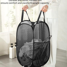 2 Pack Durable Collapsible Laundry Baskets - Reinforced Mesh Pop Up Laundry Hamper with Pocket, Foldable Dirty Clothes Hamper with Carry Handles for Laundry, Bathroom, Kids Room, Dorm or Travel Black