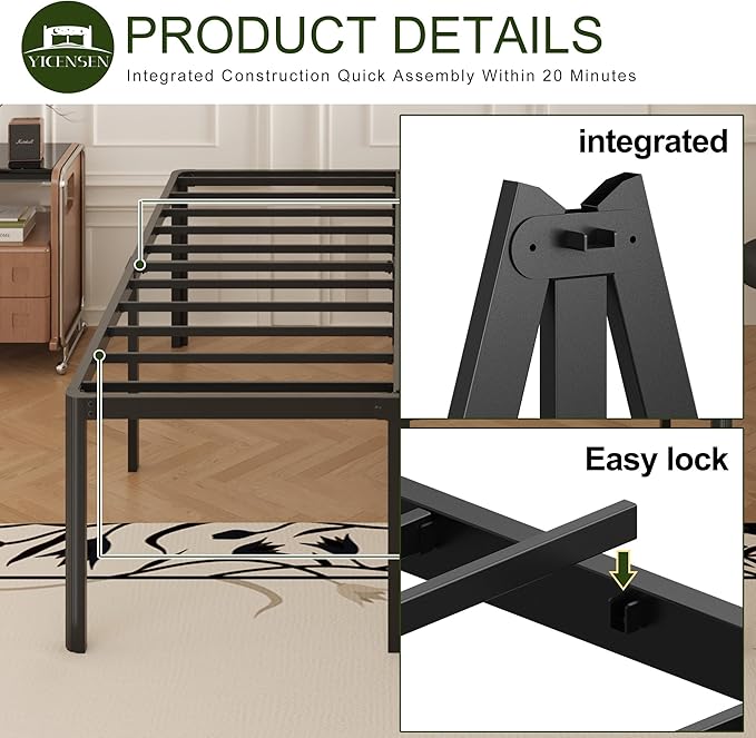20 Inch Full Bed Frame Heavy Duty Full Size Platform Bed Frame with Rounded Corner Legs No Box Spring Needed, Easy Assembly, Noise Free, Black.