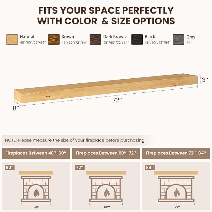 Dreamland 72 X 8 X 3 Fireplace Mantel - Solid Rustic Wood Wall Mounted Floating Shelf - Handcrafted Wood Fireplace Mantels - Floating Fireplace Mantel - Natural
