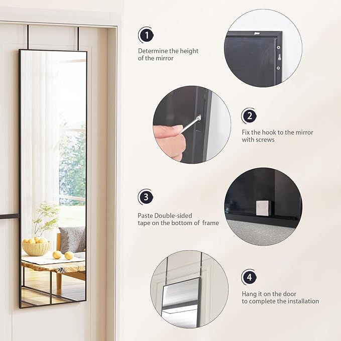 BEAUTYPEAK 16" x 50" Adjustable Height Over The Door Mirror, Full Length Hanging Door Mirror with Shatterproof Tempered Glass Aluminum Alloy Frame for Bedroom, Living Room, Bathroom, Dorm, Black