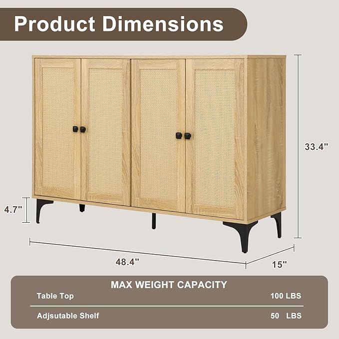 Rattan 2-Door Storage Cabinet Buffet - Boho Small Sideboard with Adjustable Shelves for Pantry Kitchen Entryway, Natural Weave 23.6" W x 15" D x 33.3" H