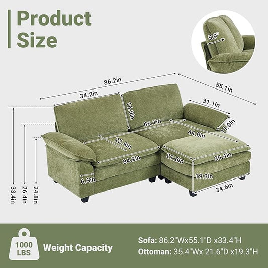 VINGLI 87" Convertible Sectional Sofa,L-Shaped Deep Seat Sofa Couch for Living Room,Modern 2-Seat Loveseat Sofa with Ottoman for Small Space(Olive Green)