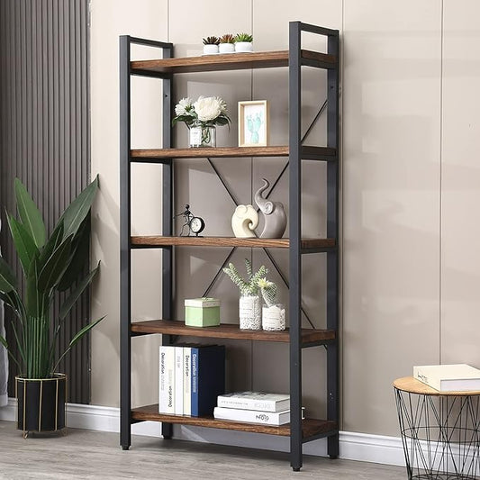 5 Tier Bookcase, Solid Wood Bookshelf Rustic Vintage Industrial Etagere Bookcase, Metal and Wood Free Vintage Bookshelf, Retro Brown (5-Tiers)
