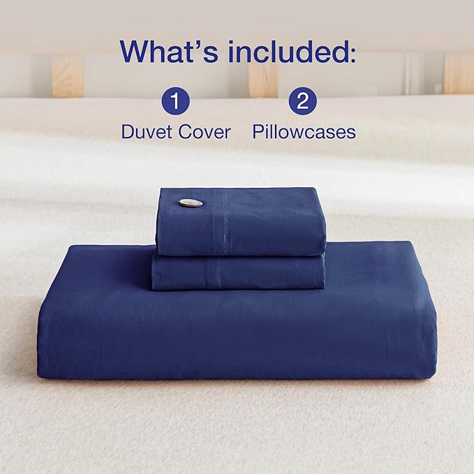 JELLYMONI Cotton Duvet Cover King Size - Navy Blue Comforter Cover with Button 100% Washed Cotton 3PCS Breathable Soft Solid Bedding Set Duvet Cover 104×90in & 2 Pillowcases (NO Comforter)