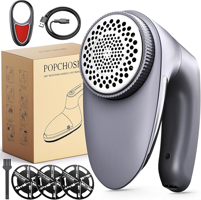 POPCHOSE Fabric Shaver for Clothing, Electric Lint Remover Sweater Shaver to Remove Pilling, Depiller for Clothes, Furniture, Couch, Fuzz with 6-Leaf Blades Extra, Electrostatic Brush