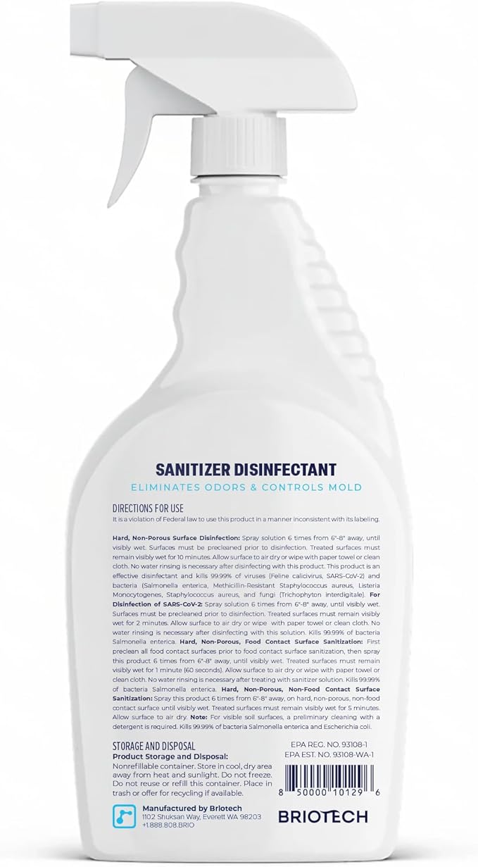 BRIOTECH Sanitizer Disinfectant Hypochlorous Spray, Kill 99.99% of Viruses & Bacteria, Control Mold, Eliminate Odor, Gentle for Nursery & Play Rooms, Food Contact Surface Sanitizer, 32 fl oz (12 Pack)