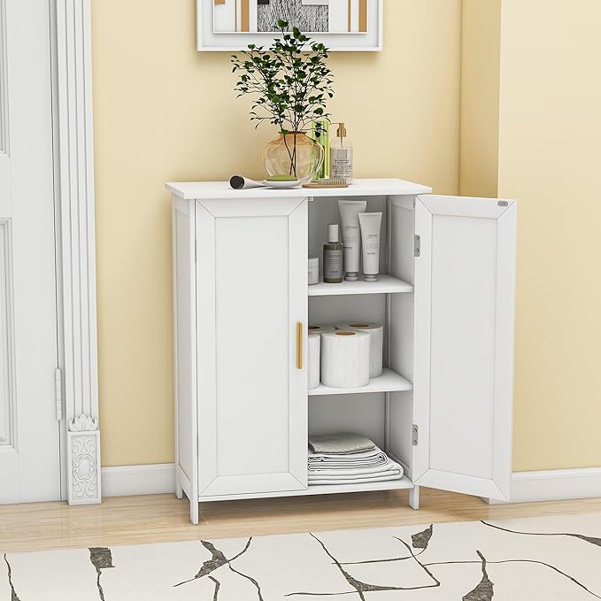 Bathroom Storage Floor Cabinet Freestanding Organizer with Adjustable Shelves for Bathroom Laundry Room,2 Doors