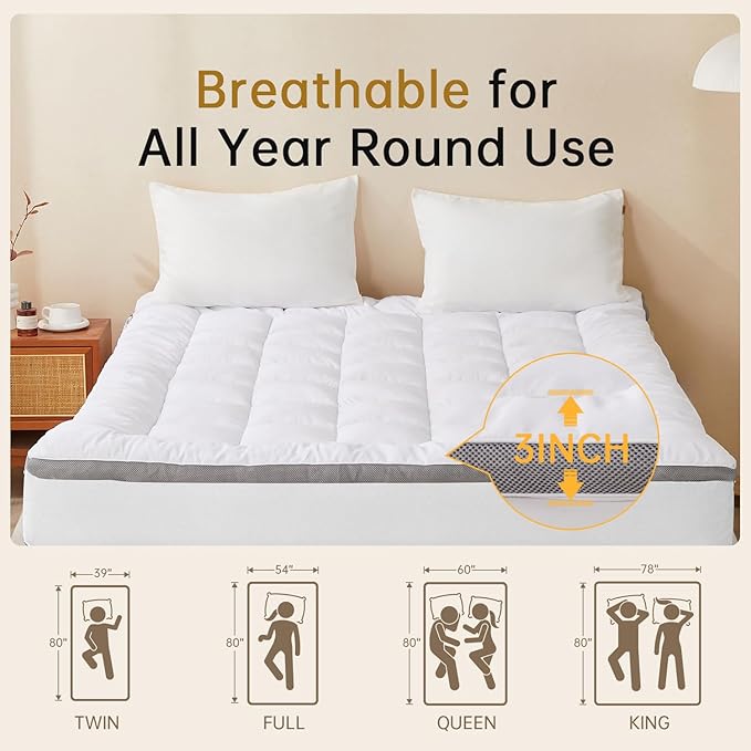 SAPHREAS King Size Mattress Topper 3 inch with 8-20 inches Stretchable Pockets, Soft Pillow Top Mattress Pad for Back Pain Relief with Breathable Air Mesh Sides