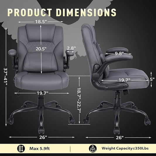 Home Leather Office Chair with Lumbar Support, 5" Padded Seat, Small PU Leather Rocking Desk Chair, Comfy Computer Chairs with Rolling Wheels & Adjustable Arms for Adults, Grey