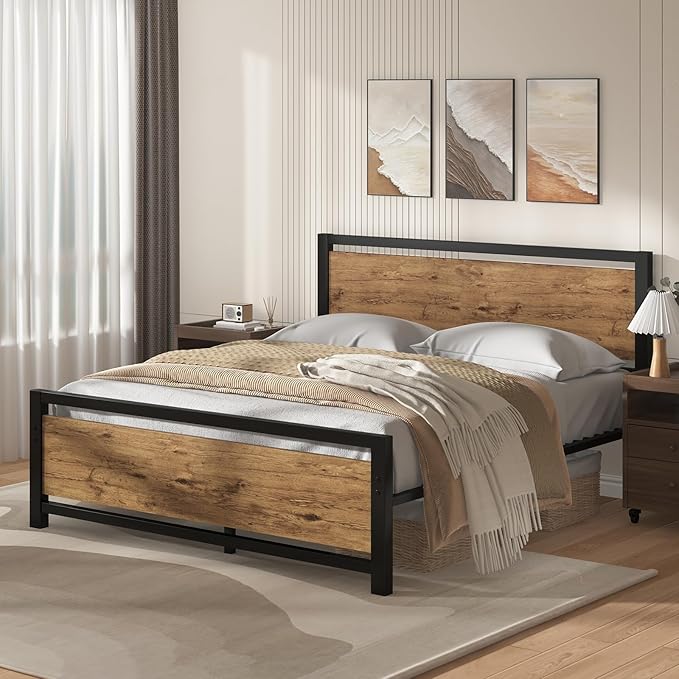 Queen Bed Frame with Headboard, Industrial Style Bed Frame Queen Size, Queen Size Bed Frame with Wooden Footboard, No Box Spring Needed, Noise-Free, Easy Assembly, Black Brown