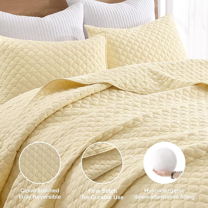 HORIMOTE HOME Quilt Queen Size Light Yellow, Lightweight Quilts for Summer Ultra-Soft Microfiber Modern Style Quilted Clouds Pattern Bedspread Quit Set 3 Pieces(1 Quilt and 2 Pillow Shams)