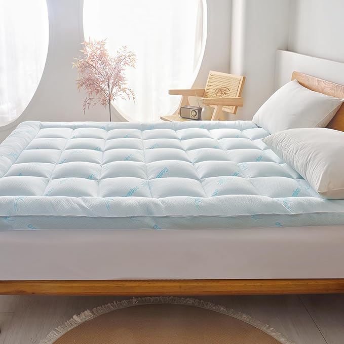 Favorland Mattress Topper Queen Size - Cooling Extra Thick Breathable Viscose Made from Bamboo Mattress pad - Soft Quilted Fitted Mattress Cover with 900 GSM Down Alternative Fill (8-21”Deep Pocket)
