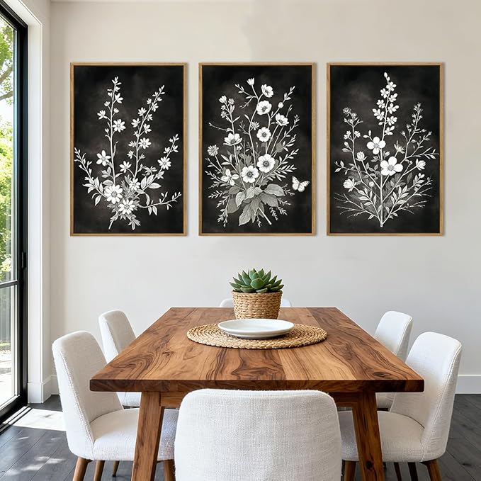 BINCUE Framed Black and White Floral Wall Art Set of 3 Botanical Wall Decor Flower Painting for Living Room Bedroom Office 16x24 Inches