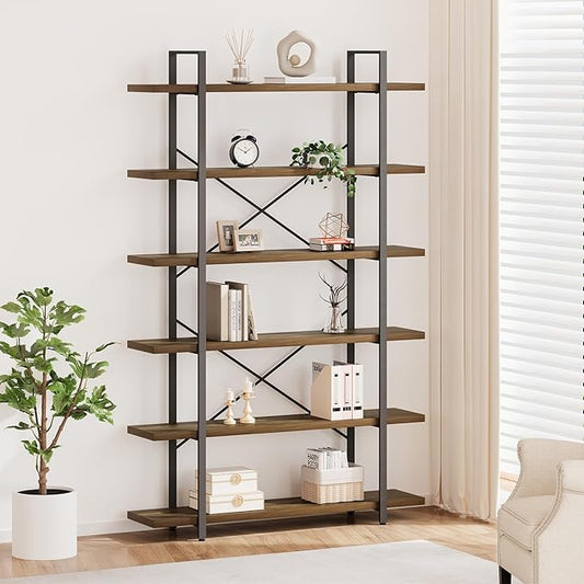 HSH Tall Bookcases and Book Shelves 6 Shelf, Metal Wooden Book Shelf and Storage Rack, Modern Etagere 6 Tier Bookshelf, Farmhouse Large Display Bookshelves for Bedroom Living Room Office, Rustic Oak